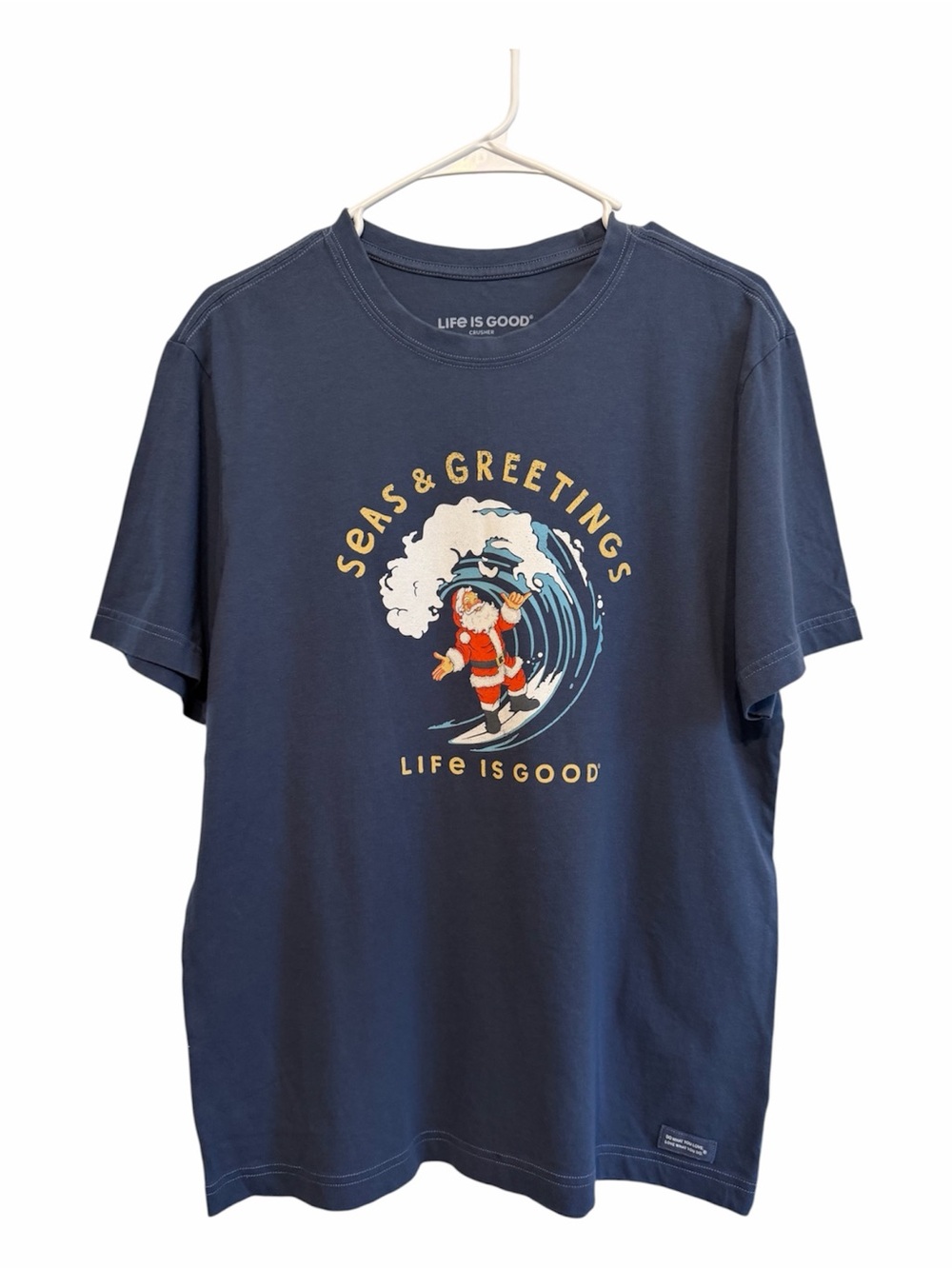 Life Is Good Navy Surfing Santa "Seas & Greetings" Graphic Tee